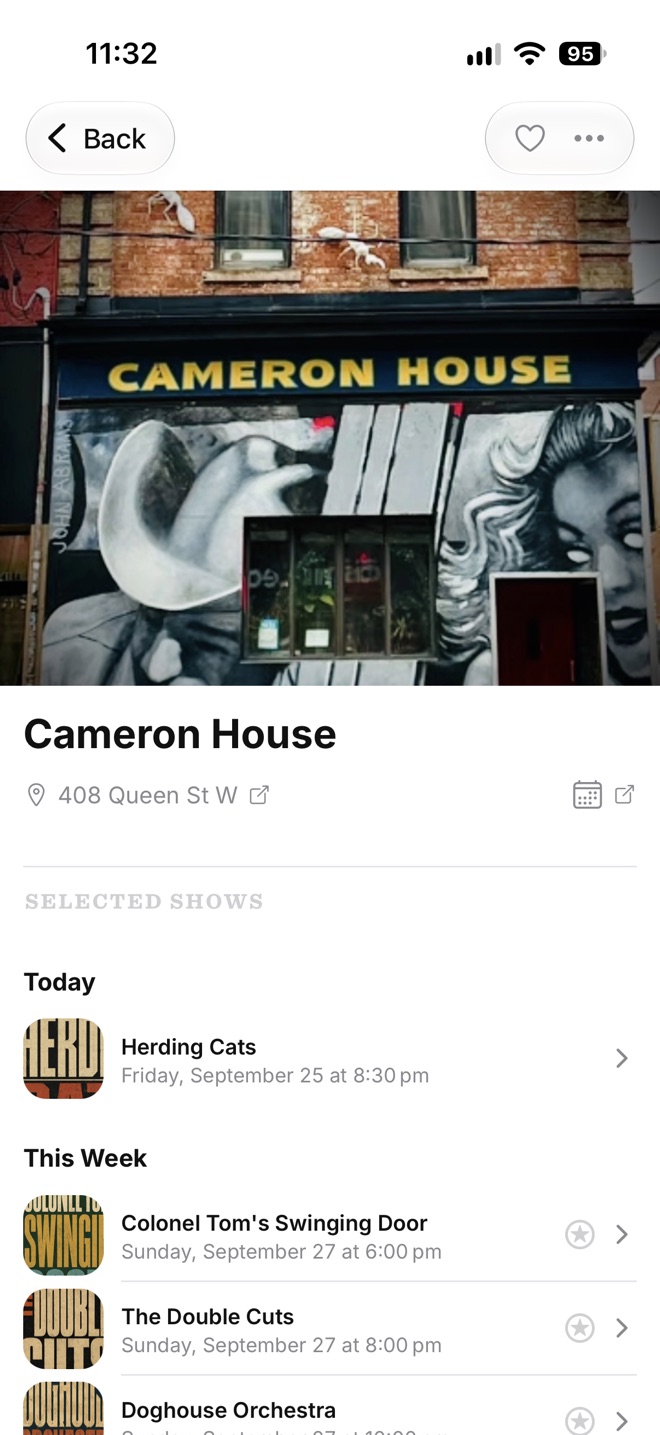 Who is playing at a venue, and links to more information